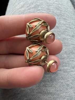 Dior Coral Ball Stud Earrings with Gold Leaf Accents